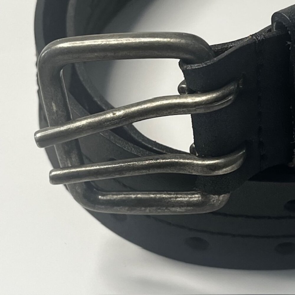 Black Leather Belt Silver Tone Buckle Hardware Double Punch Women's Large - Picture 4 of 10